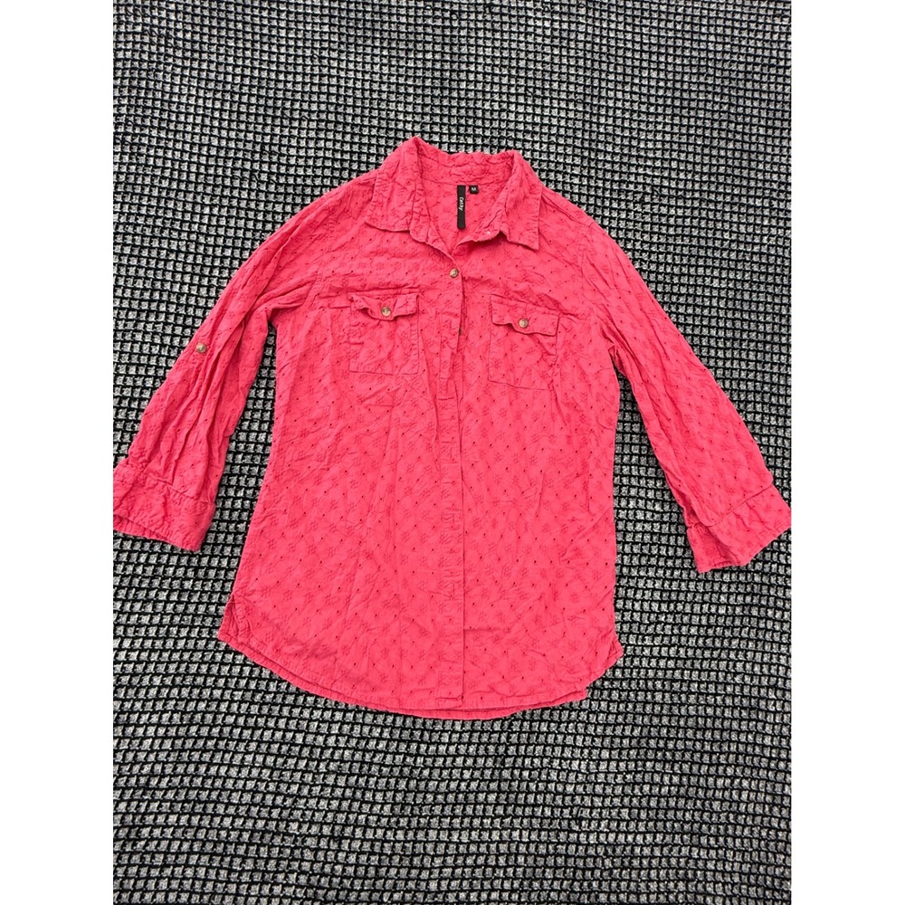 Cathy Eyelet Button Down Shirt Womens Size M Pink Excellent 3/4 Sleeve Cotton